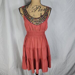 LOVE REIGN Size Small Rust Red Smocked Waist Beaded Neck‎ Tiered Ruffle Sundress